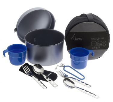 SET DE COCINA ALUMINIO ANTIADHERENTE 2 PERSONAS C/ CUBIERTOS Y TAZAS - LAKEN