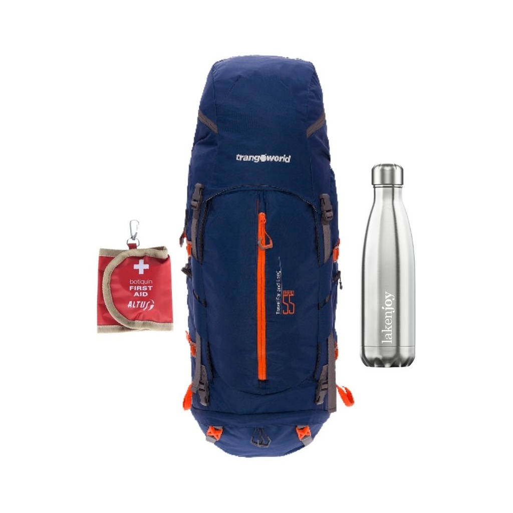 PACK MOCHILA FARAW 55L + BOTELLA LAKENJOY ACERO + BOTIQUIN MINI - ALTUS/LAKEN/TRANGOWORLD
