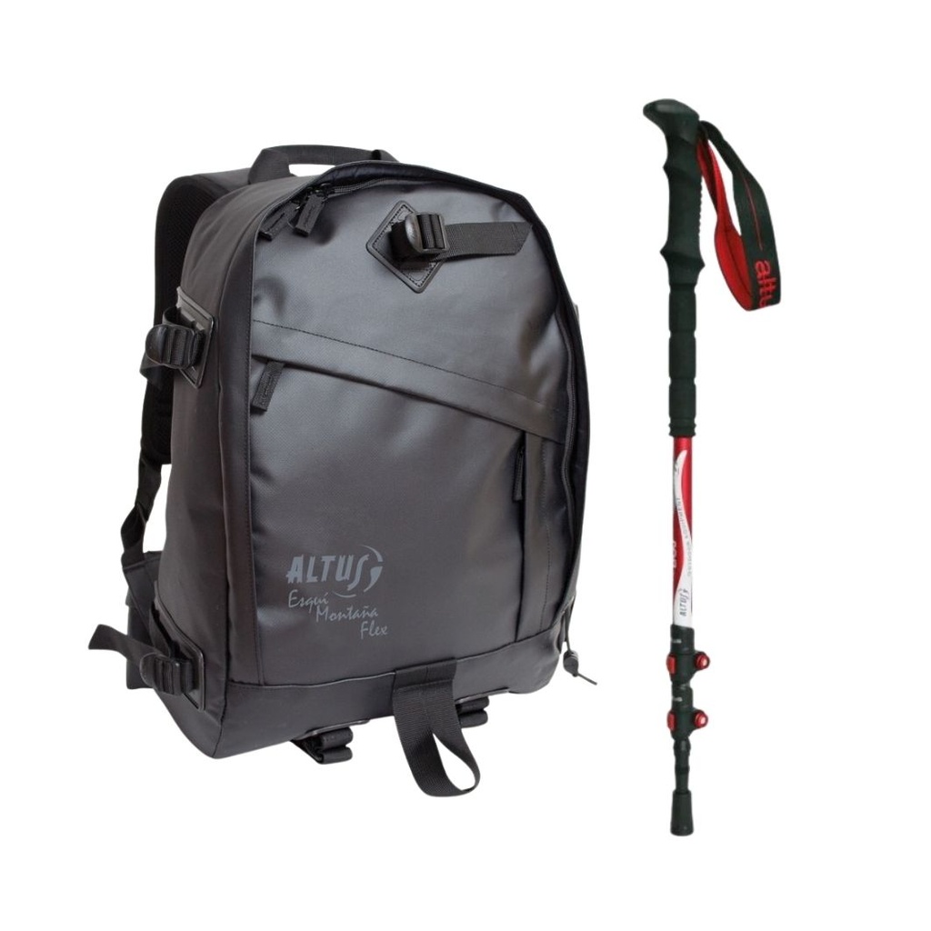 PACK MOCHILA ESQUI MONTAÑA FLEX 27L NEGRO+ BASTÓN ALUMINIO BOJ ROJO - ALTUS
