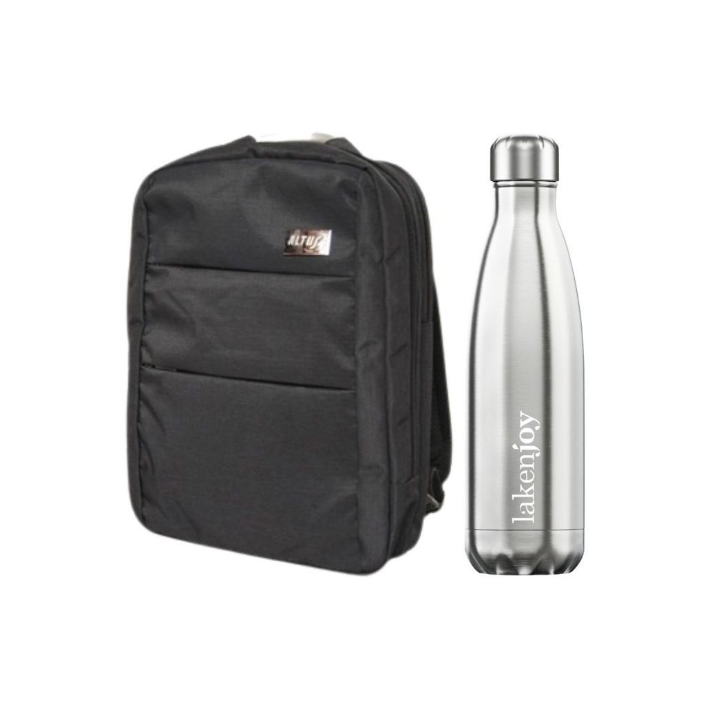 PACK MOCHILA CHICAGO NEGRO + BOTELLA LAKENJOY 0.5L ACERO - ALTUS/LAKEN