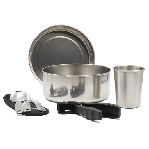 [L8817] SET DE OLLA CAMPING ACERO INOX. 1 PERSONA DE 1.3L CON CUBIERTOS Y VASO