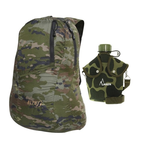 [4034301038] PACK MOCHILA COMPRIMIBLE CAMUFLABLE GIZA 20L + CANTIMPLORA FUNDA CAMUFLAJE 1L - ALTUS/LAKEN