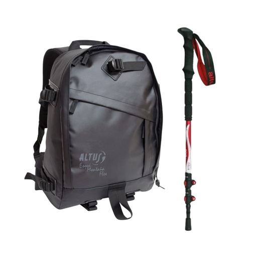 [4034301058] PACK MOCHILA ESQUI MONTAÑA FLEX 27L NEGRO+ BASTÓN ALUMINIO BOJ ROJO - ALTUS
