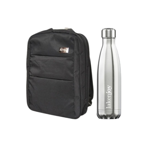 [4034301080] PACK MOCHILA CHICAGO NEGRO + BOTELLA LAKENJOY ACERO - ALTUS/LAKEN
